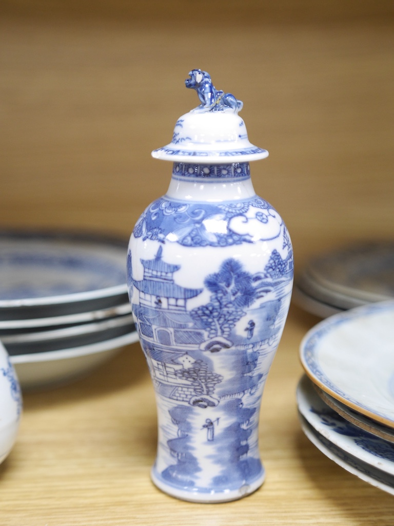A group of 18th century Chinese export blue and white plates, two similar vases and a jug, largest 22cm wide. Condition - varies, some chipping and cracking